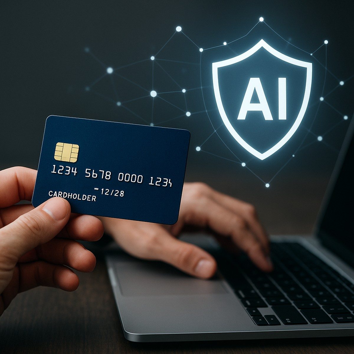 The image depicts a realistic and minimalistic scene where a person holds a blue credit card in front of a laptop, symbolizing digital payments. A glowing AI shield icon appears in the background, representing advanced artificial intelligence used for fraud detection and secure transactions. The composition highlights modern technology, cybersecurity, and the role of AI-driven systems in protecting financial data.