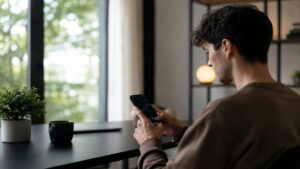 A young investor follows market movements through a mobile trading platform in a modern and minimalist workspace, reflecting how digital technology is transforming finance and shaping the behavior of new investors in the United States.