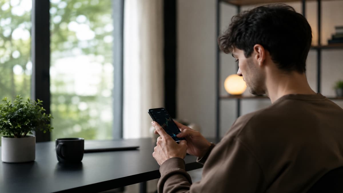 A young investor follows market movements through a mobile trading platform in a modern and minimalist workspace, reflecting how digital technology is transforming finance and shaping the behavior of new investors in the United States.