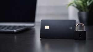 The image visually represents the concept of secure digital payments through a minimalist and realistic composition. A dark virtual payment card placed beside a metallic padlock symbolizes cybersecurity, privacy, and fraud prevention. The blurred laptop in the background reinforces the digital environment, while the clean aesthetic and balanced lighting communicate safety, modern technology, and reliability in online financial interactions.