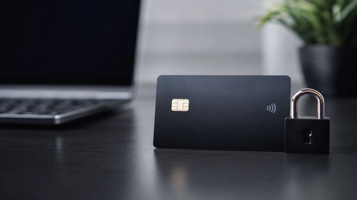 The image visually represents the concept of secure digital payments through a minimalist and realistic composition. A dark virtual payment card placed beside a metallic padlock symbolizes cybersecurity, privacy, and fraud prevention. The blurred laptop in the background reinforces the digital environment, while the clean aesthetic and balanced lighting communicate safety, modern technology, and reliability in online financial interactions.