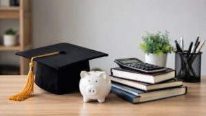A minimalist representation of student financial planning, featuring graduation essentials and budgeting symbols that reflect practical tips for reducing college-related expenses and building long-term stability.