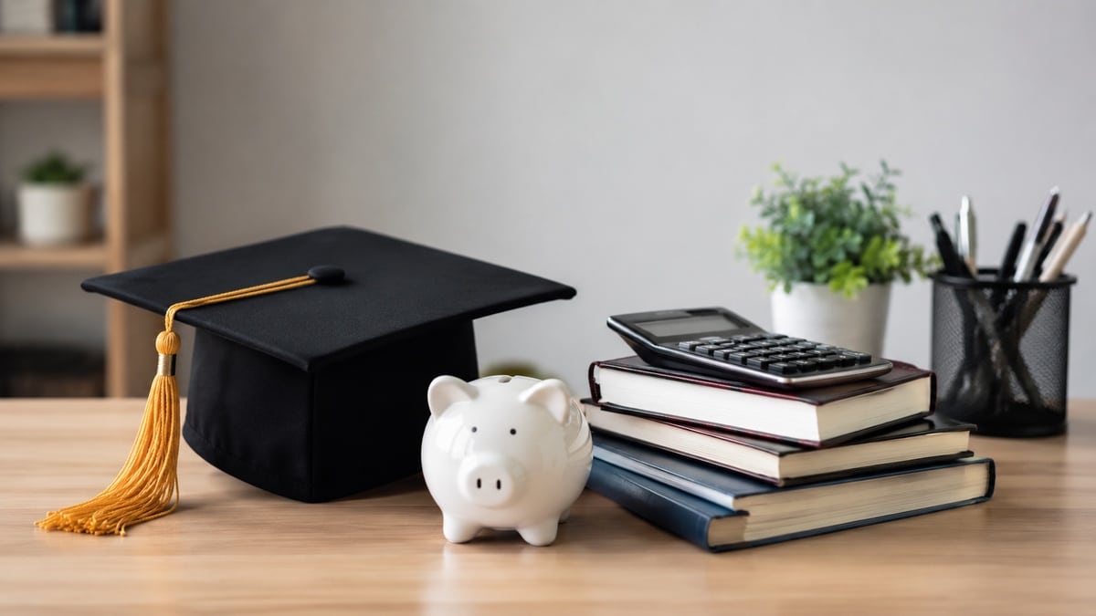 A minimalist representation of student financial planning, featuring graduation essentials and budgeting symbols that reflect practical tips for reducing college-related expenses and building long-term stability.