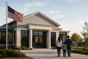 A realistic and minimalist scene illustrating the future of finances within the American financial sector. A modern community-focused financial institution with a blend of traditional architecture and contemporary glass design stands under a clear sky. In the foreground, a family walks toward the entrance along a clean, landscaped pathway, symbolizing trust, accessibility, and long-term financial relationships. An American flag waves beside the building, reinforcing the U.S. banking context. The composition features balanced lighting, subtle colors, and a professional atmosphere, representing innovation, stability, and the evolving role of member-owned financial organizations in the future of finances.