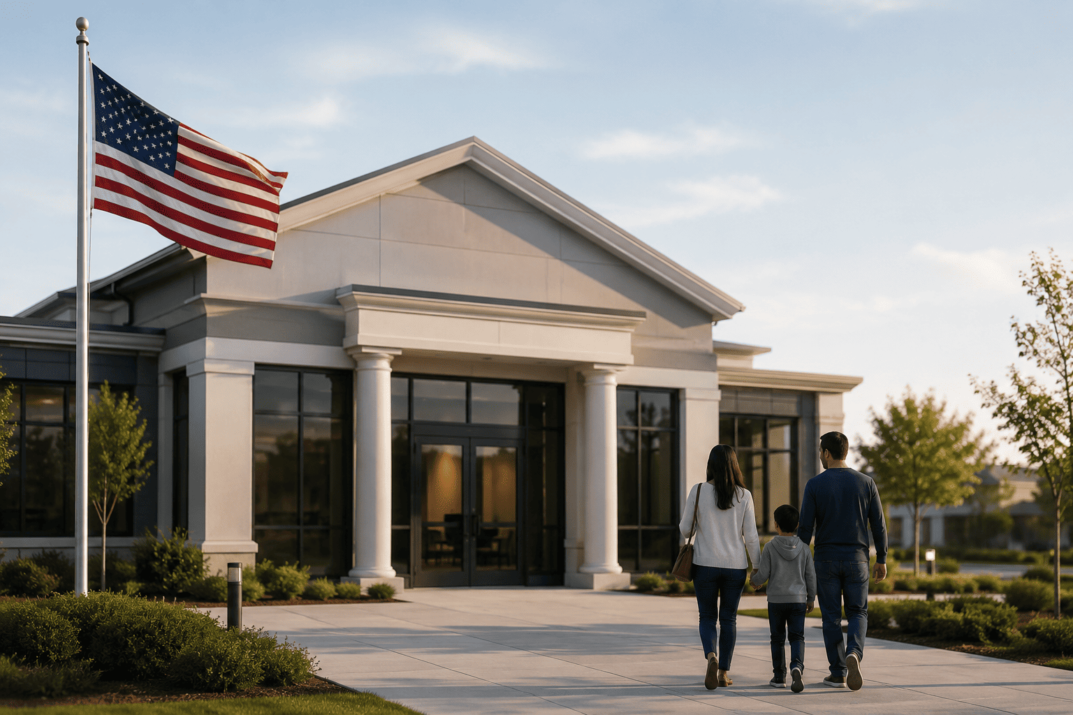 A realistic and minimalist scene illustrating the future of finances within the American financial sector. A modern community-focused financial institution with a blend of traditional architecture and contemporary glass design stands under a clear sky. In the foreground, a family walks toward the entrance along a clean, landscaped pathway, symbolizing trust, accessibility, and long-term financial relationships. An American flag waves beside the building, reinforcing the U.S. banking context. The composition features balanced lighting, subtle colors, and a professional atmosphere, representing innovation, stability, and the evolving role of member-owned financial organizations in the future of finances.